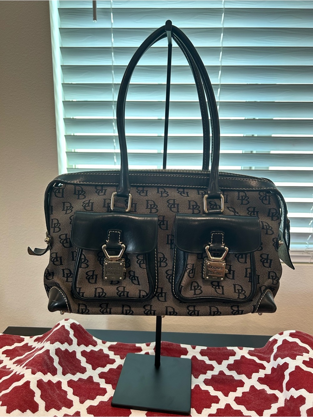 Dooney & Bourke Gray & Black Double Pocket Monogram Satchel